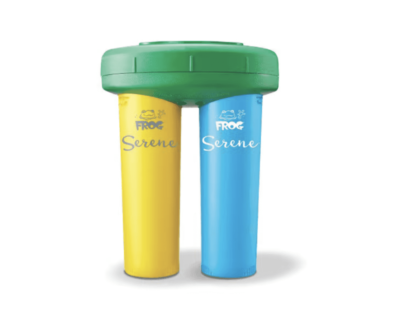 Two blue and yellow FROG Serene Floating Sanitizing Systems for Hot Tubs, Quick and Easy Self-Regulating Hot Tub Sanitizers with Bromine and FROG Sanitizing Minerals Kills Bacteria 2 Ways, for Hot Tubs up to 600 gallons on a white background.